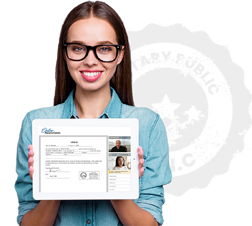 Online Notary Center model holding an ipad
